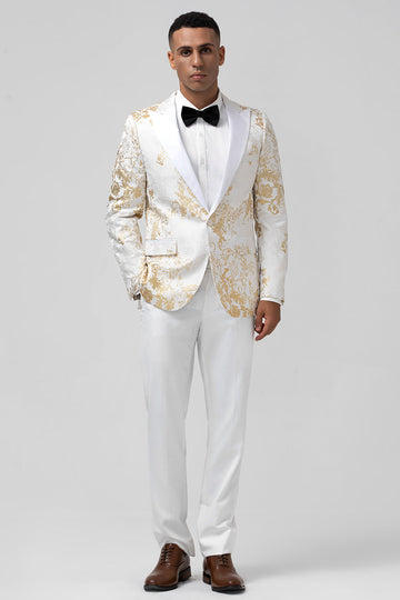 Champagne 2 Piece Peak jakkeslag En knapp Jacquard Skoleballdresser for menn